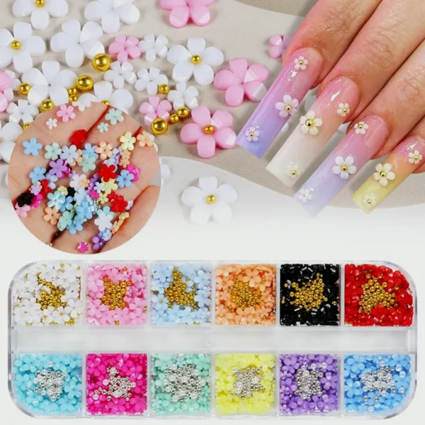 Three-Dimensional Flower Nail Charms - 12 Colors