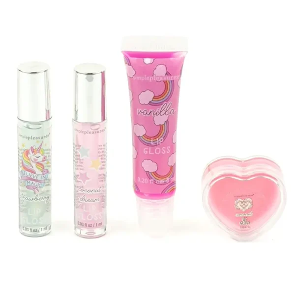 4Pcs Children's Lip Gloss Kit with Fruity Flavors, Realistic Suitcase
