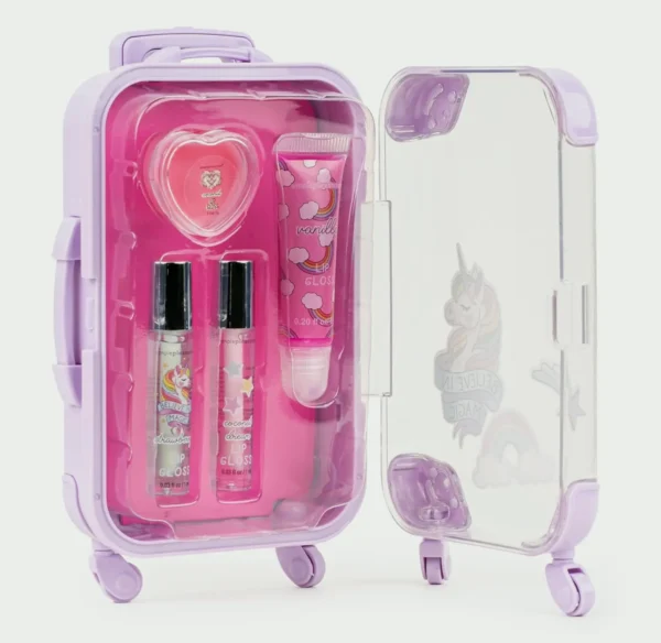 4Pcs Children's Lip Gloss Kit with Fruity Flavors, Realistic Suitcase