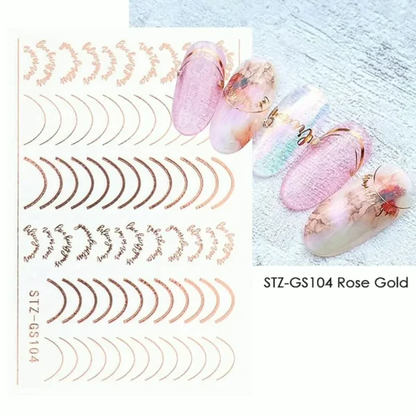 3-D Stripes Nail Stickers Rose Gold 8 Sheets Self-Sticking
