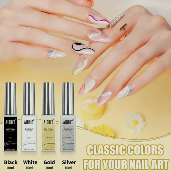 Nail Design Polish Set 10ml, 4 Colors: Black, White, Gold, Metallic