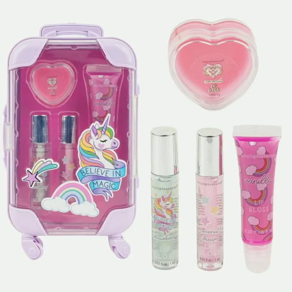 4Pcs Children's Lip Gloss Kit with Fruity Flavors, Realistic Suitcase