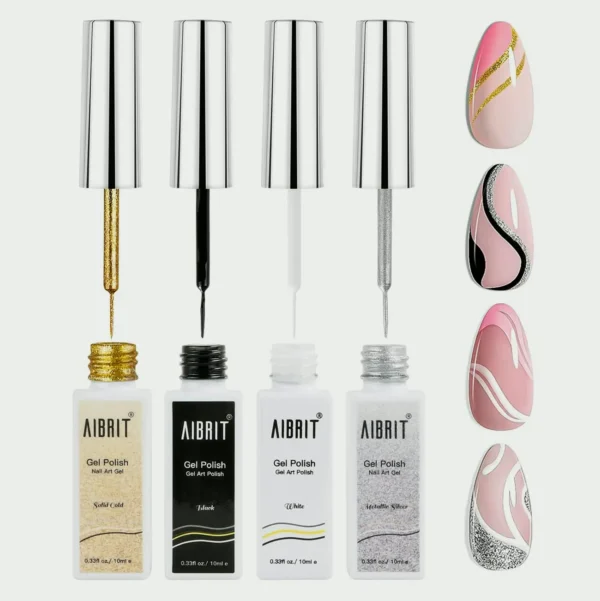 Nail Design Polish Set 10ml, 4 Colors: Black, White, Gold, Metallic